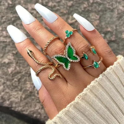 Retro Snake Star Triangle Geometric Rings Set 